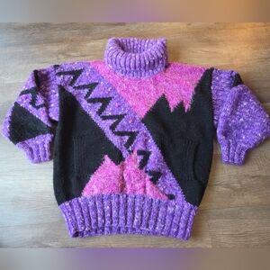 Vintage 80s Purple Abstract Chunky Knit Sweater Jumper with pockets